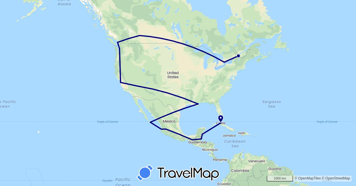 TravelMap itinerary: driving in Belize, Canada, Cuba, Mexico, United States (North America)