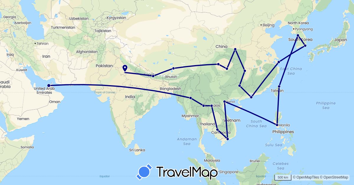 TravelMap itinerary: driving in United Arab Emirates, China, India, Cambodia, South Korea, Laos, Myanmar (Burma), Macau, Nepal, Thailand, Taiwan, Vietnam (Asia)