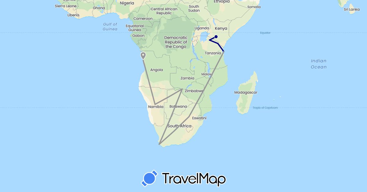 TravelMap itinerary: driving, plane in Angola, Kenya, Namibia, Tanzania, South Africa, Zimbabwe (Africa)